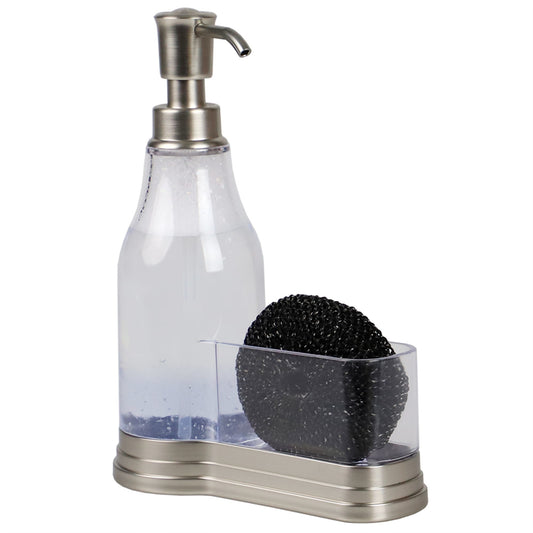 Plastic Soap Dispenser with Brushed Steel Top and Fixed Sponge Holder, Chrome