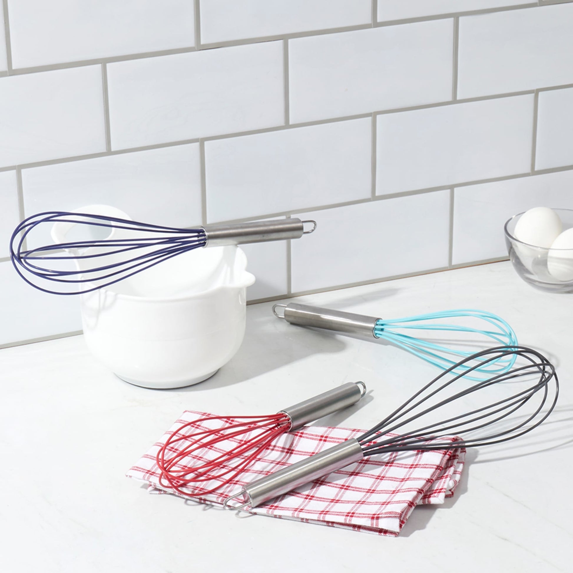 Silicone Whisk Set of 3 - Silicone Whisks for Cooking Non-Scratch -  Stainless St