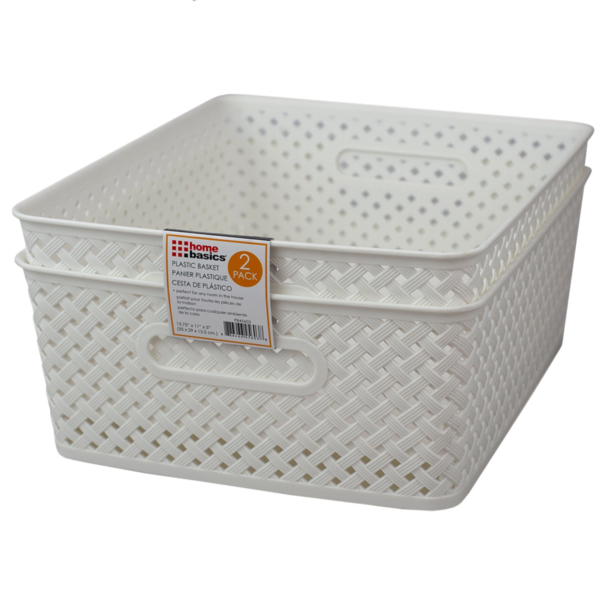 Home Basics Triple Woven 14"" x 11.5"" x 5.25"" Multi-Purpose Stackable Plastic Storage Basket, (Pack of 2), White - White