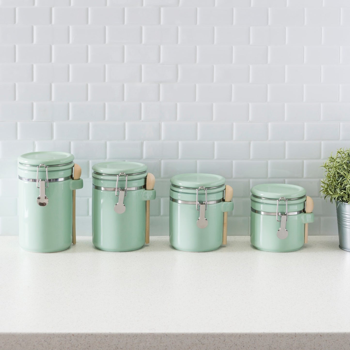 4 Piece Ceramic Canisters with Easy Open Air-Tight Clamp Top Lid and Wooden Spoons, Mint