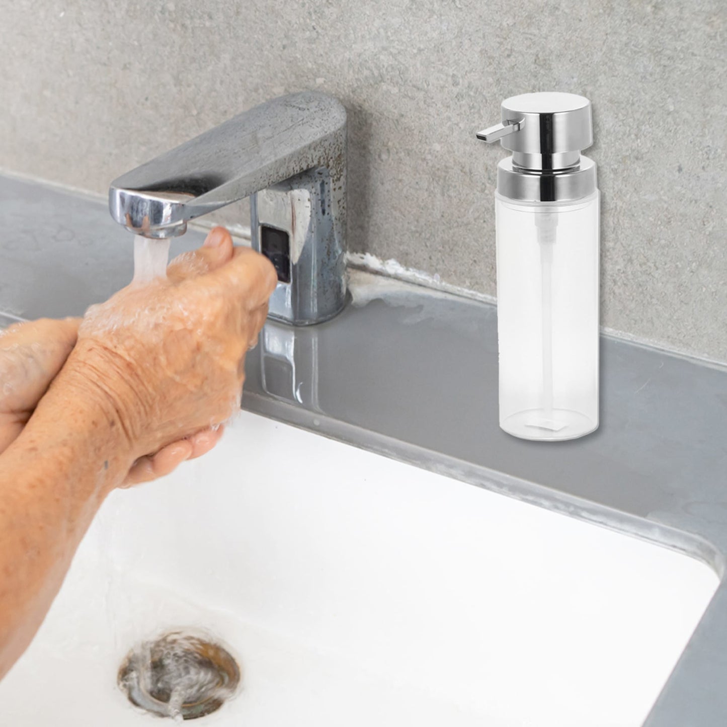 12 oz.  Cylinder Plastic Hand Soap Dispenser with Brushed Stainless Steel Pump, Clear
