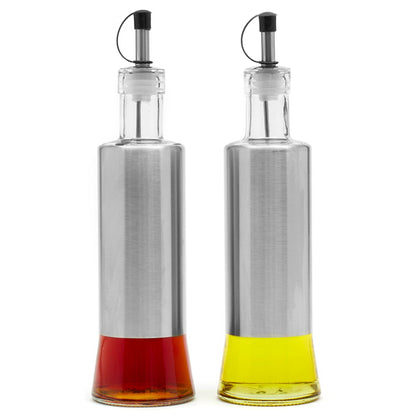 Michael Graves Design Essence 2 Piece 10 Ounce Stainless Steel Oil and Vinegar Set with Clear Glass Bottoms, Silver
