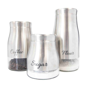 3 Piece Stainless Steel Canister Set with See-Through Glass Base, Silver