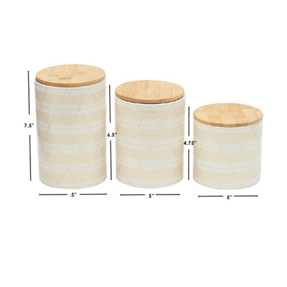 Diamond Stripe 3 Piece Ceramic Canister Set with Bamboo Top, White