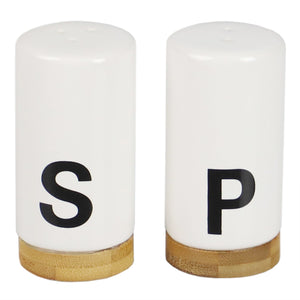 Ceramic Salt and Pepper Shaker Set with Bamboo Accents, White