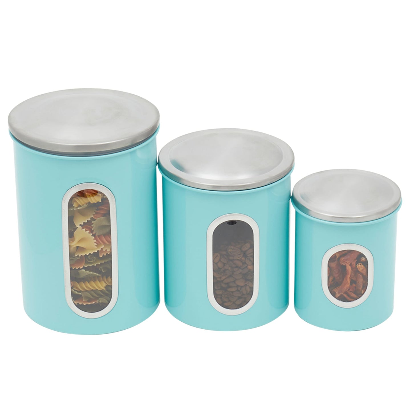 3 Piece Stainless Steel Top Canisters with Windows, Turquoise