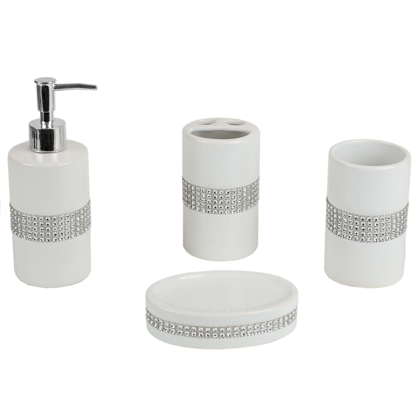 4 Piece Ceramic Luxury Bath Accessory Set with Stunning Sequin Accents, White