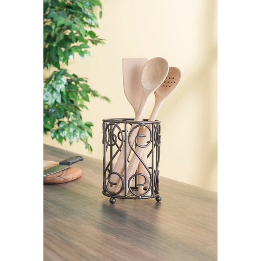 Scroll Collection Steel Cutlery Holder with Mesh Bottom and Non-Skid Feet, Bronze