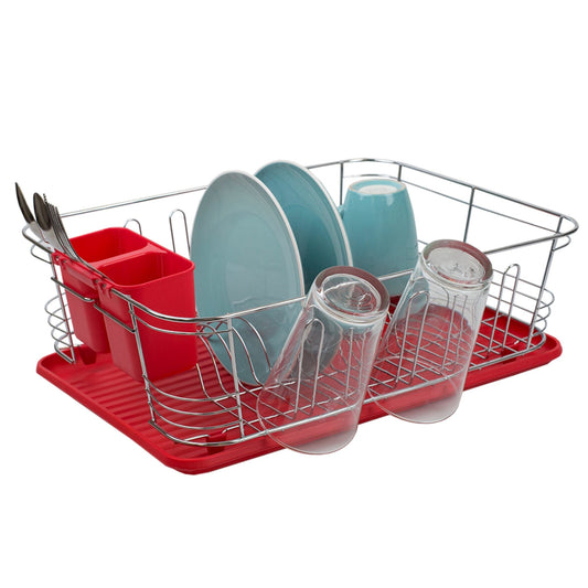 3 Piece  Chrome Plated Steel and Plastic Dish Rack, Red