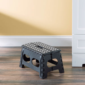 Folding Stool with Non Slip Grip Dots and Carrying Handle, Black