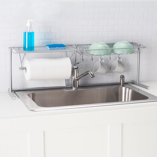 Chrome Plated Steel Faucet Spacer Over the Sink Shelf with Cutlery Holder