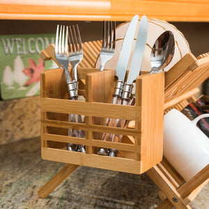 Bamboo Utensil Holder and  Fast-Drying Rack with Built-in Hooks, Natural