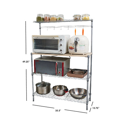 4 Tier Microwave Stand with Wood Tabletop, Chrome