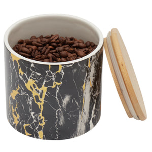 Marble Like Small Ceramic Canister with Bamboo Top, Black