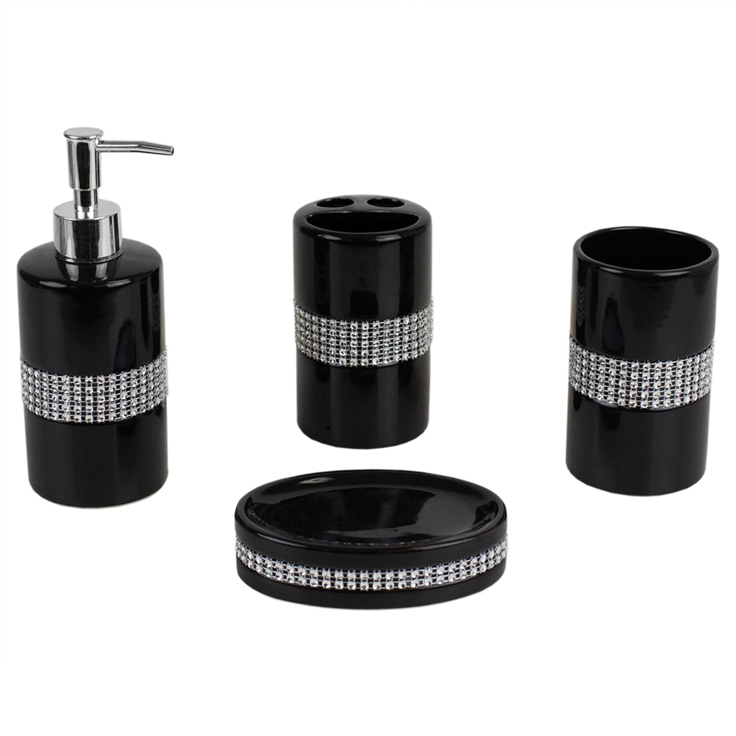 4 Piece  Luxury Bath Accessory Set with Stunning Sequin Accents, Black