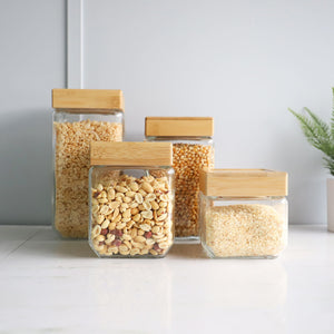 4 Piece Square Glass Canisters with Bamboo Lids