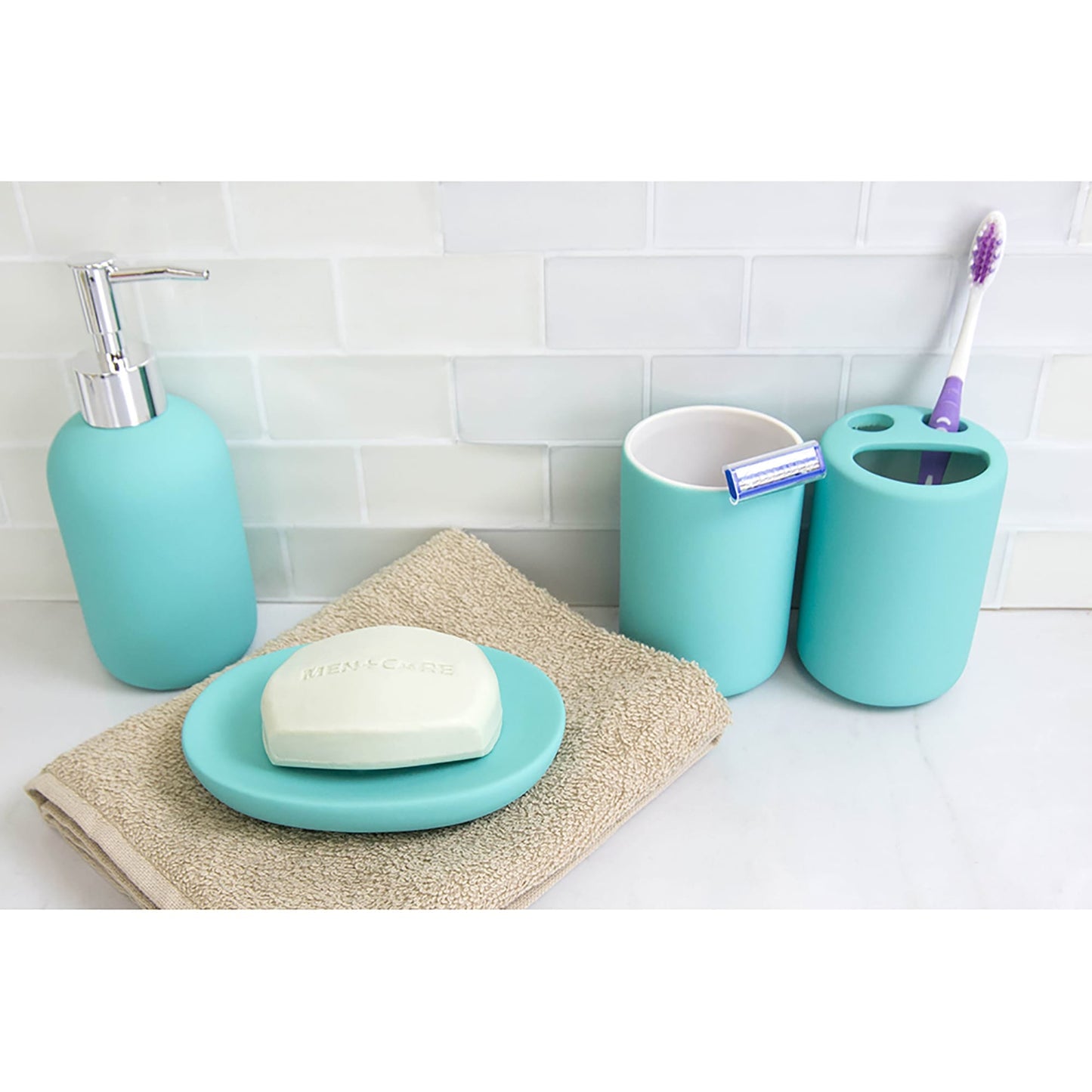 Home Basic 4 Piece Rubberized Ceramic Bath Accessory Set, Blue