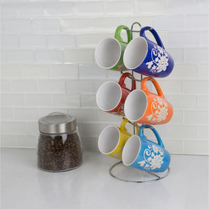 6 Piece Floral Mug Set with Stand, Multi-Color
