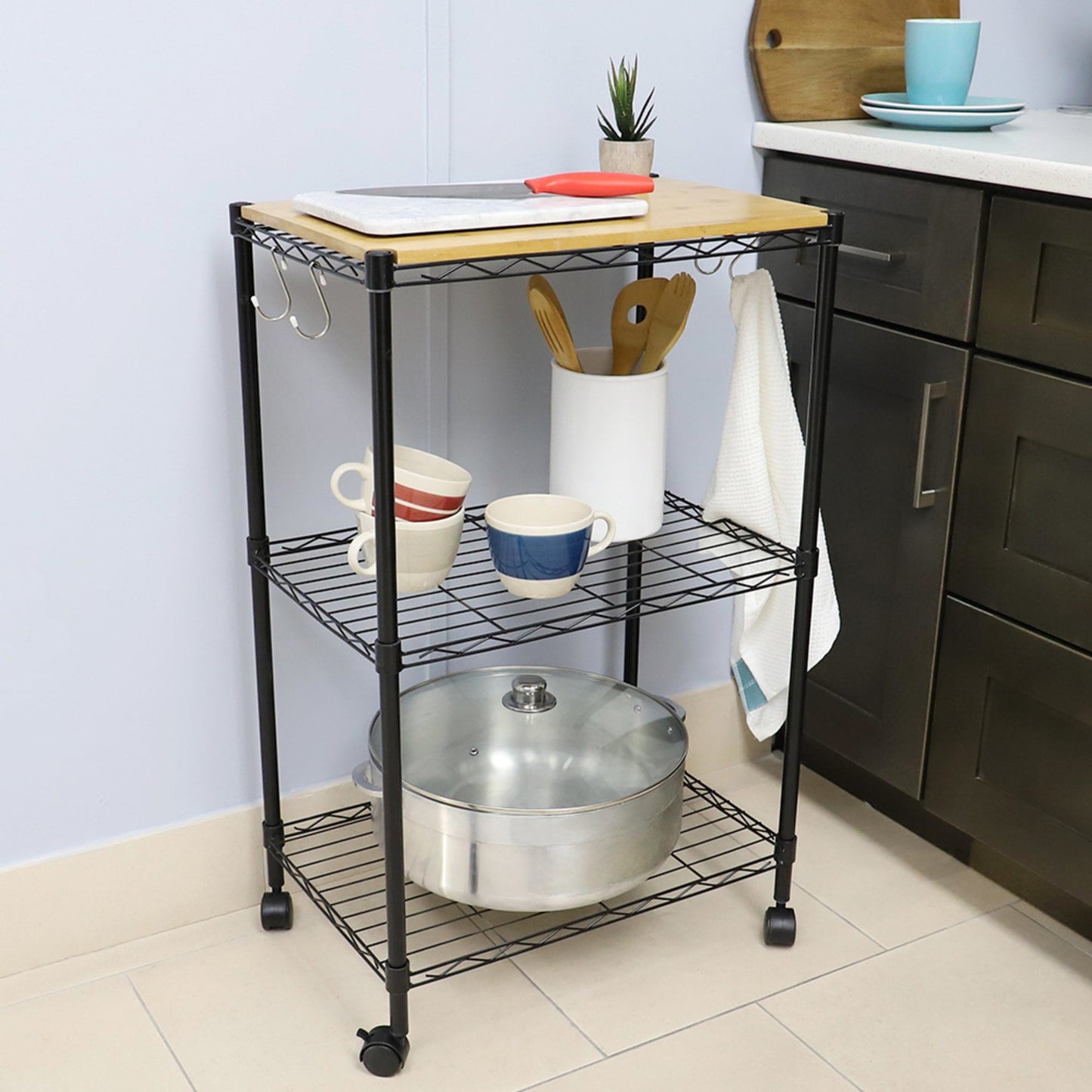 3 Tier MDF Top Kitchen Trolley with Hooks