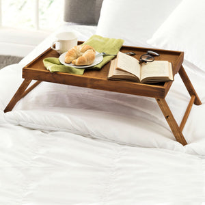 Folding Multi-Purpose Rustic Wood Bed Tray with Carved Handles, Pine