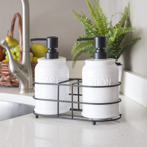 2 Piece Embossed Glazed Ceramic Soap Dispenser with Dual Compartment Metal Rack, White