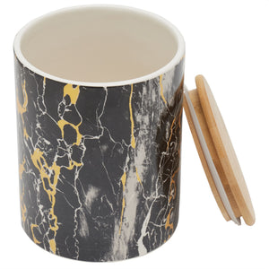 Marble Like Medium Ceramic Canister with Bamboo Top, Black