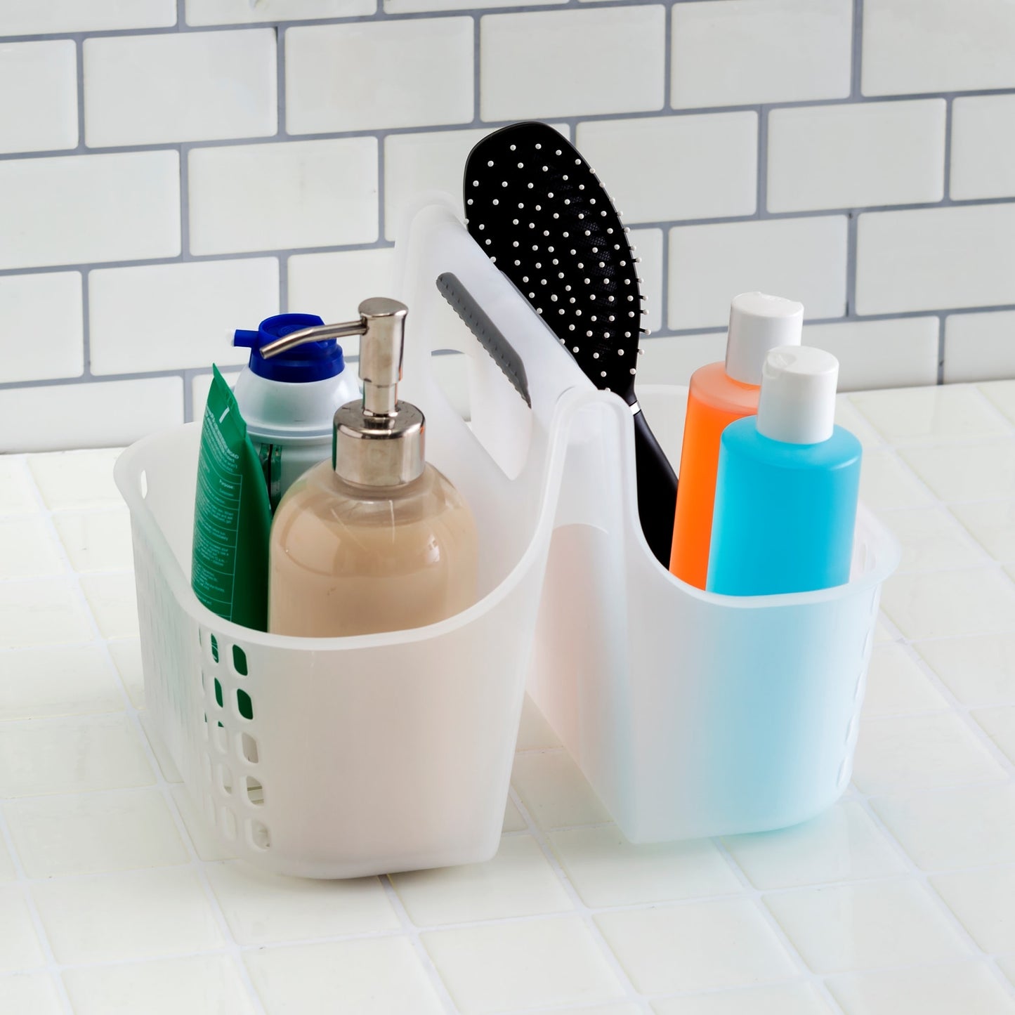 Two Compartment Plastic Shower Tote with Non-Slip Handle