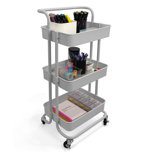 3 Tier Steel Rolling Utility Cart with 2 Locking Wheels, Grey