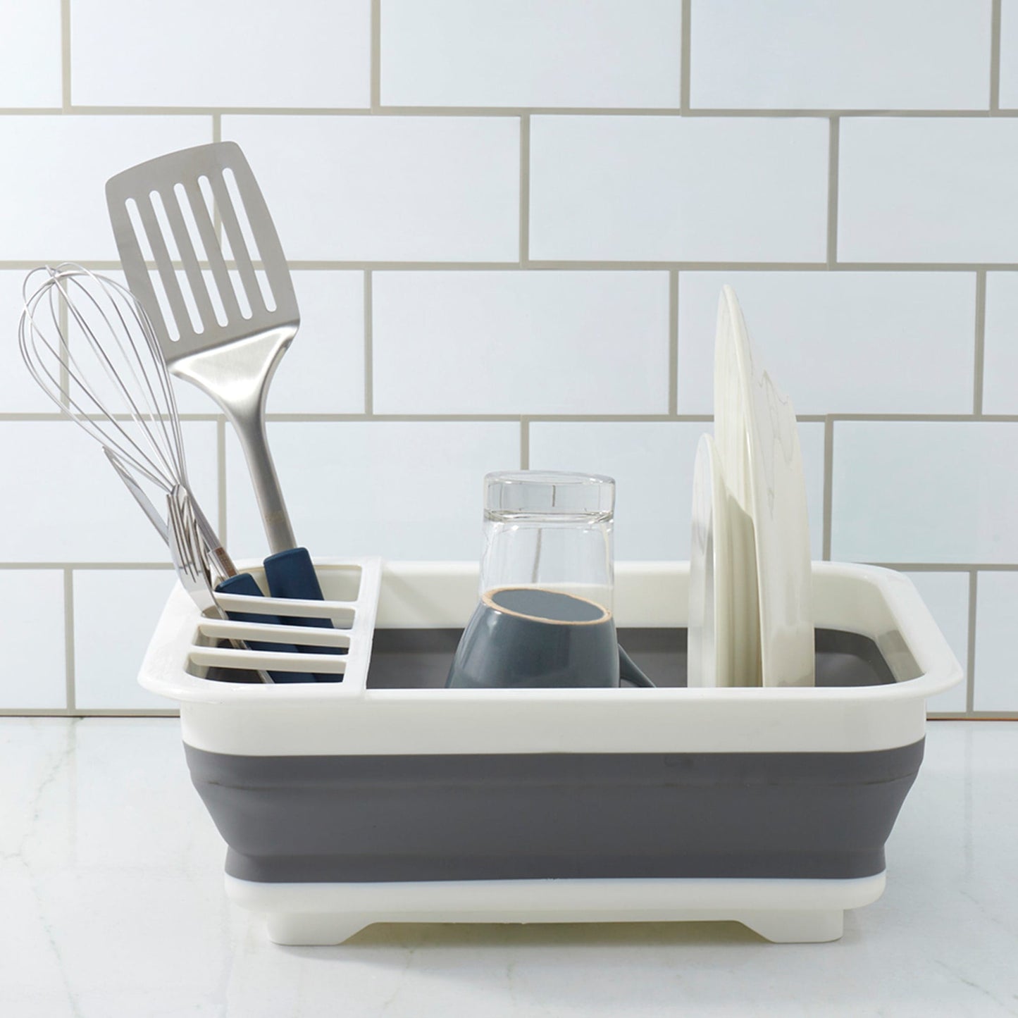 Michael Graves Design Pop Up Collapsible White Plastic and Grey Silicone Dish Rack