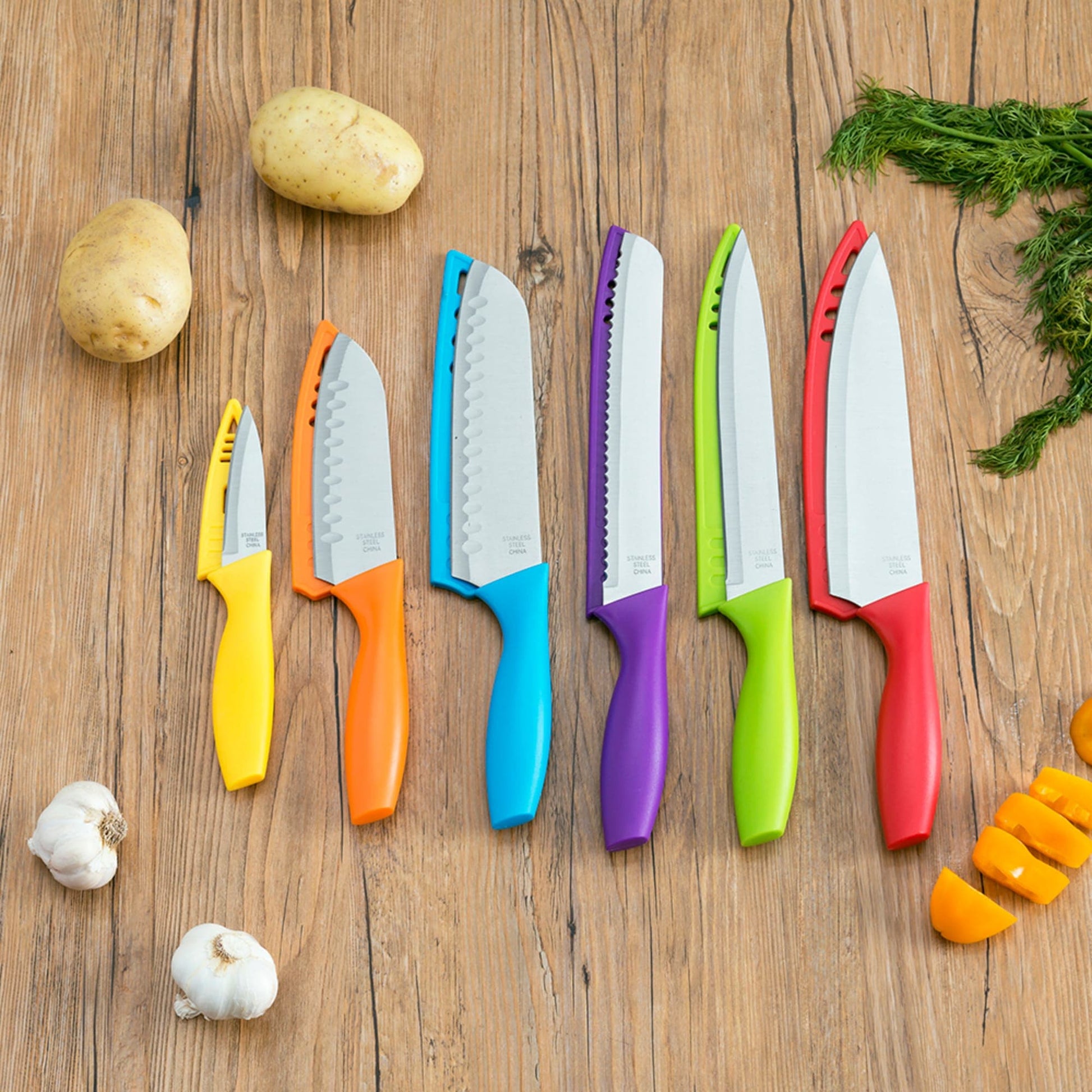 6 Stainless Steel Knife Set with Colorful Slip Covers, FOOD PREP