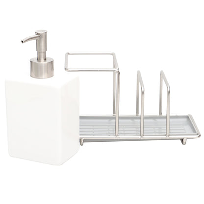 Michael Graves Design Steel Kitchen Sink Caddy Station with 10 Ounce Ceramic Soap Dispenser, Satin Nickel