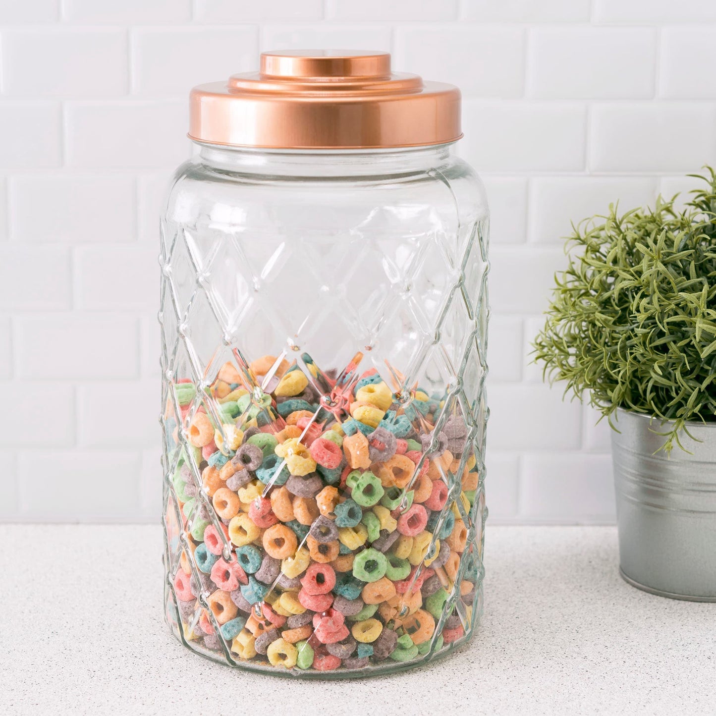 Home Basics Medium 3.4 Lt Textured Glass Jar with Gleaming Air-Tight Copper  Top, FOOD PREP