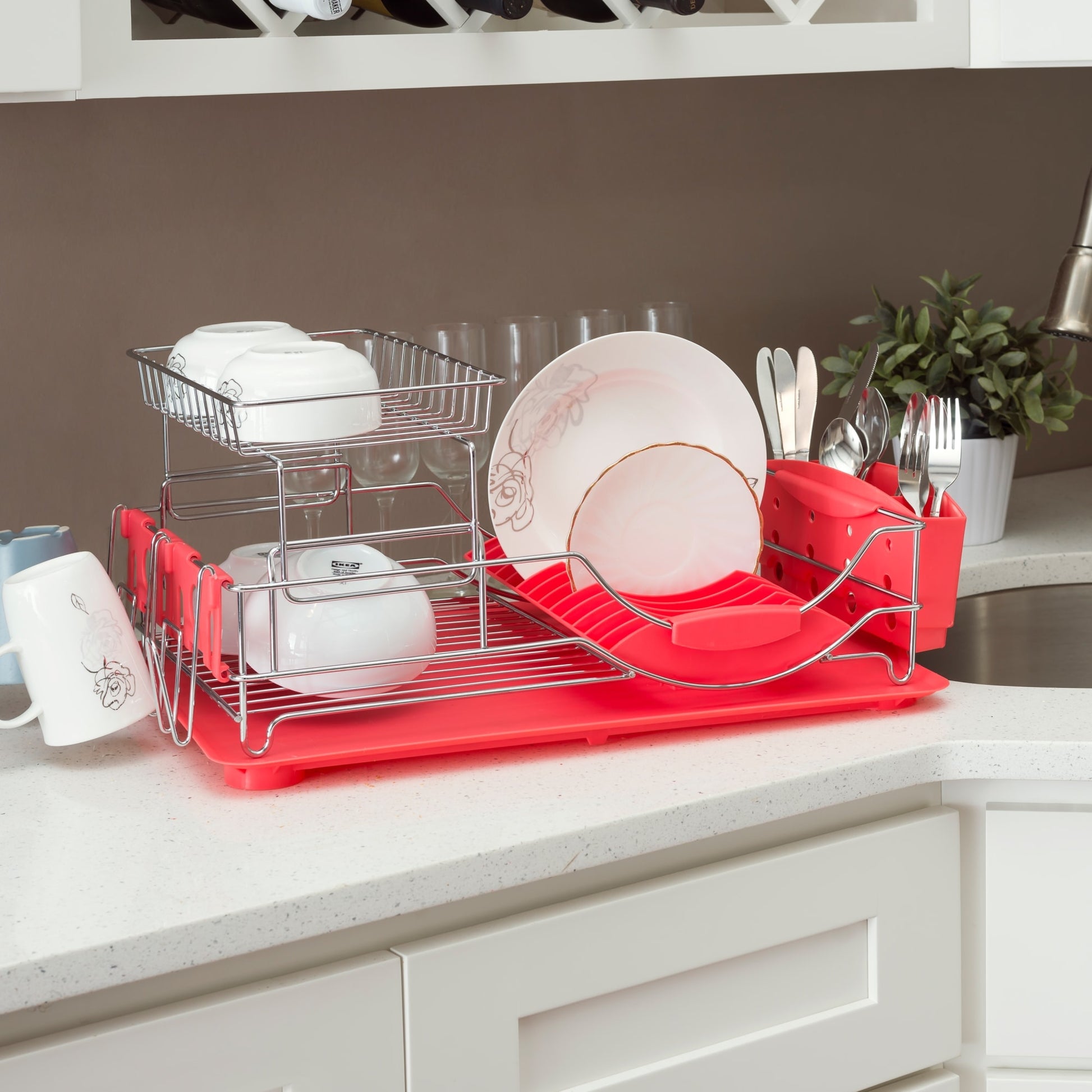 Home Basics 2 Tier Plastic Dish Drainer, White, KITCHEN ORGANIZATION