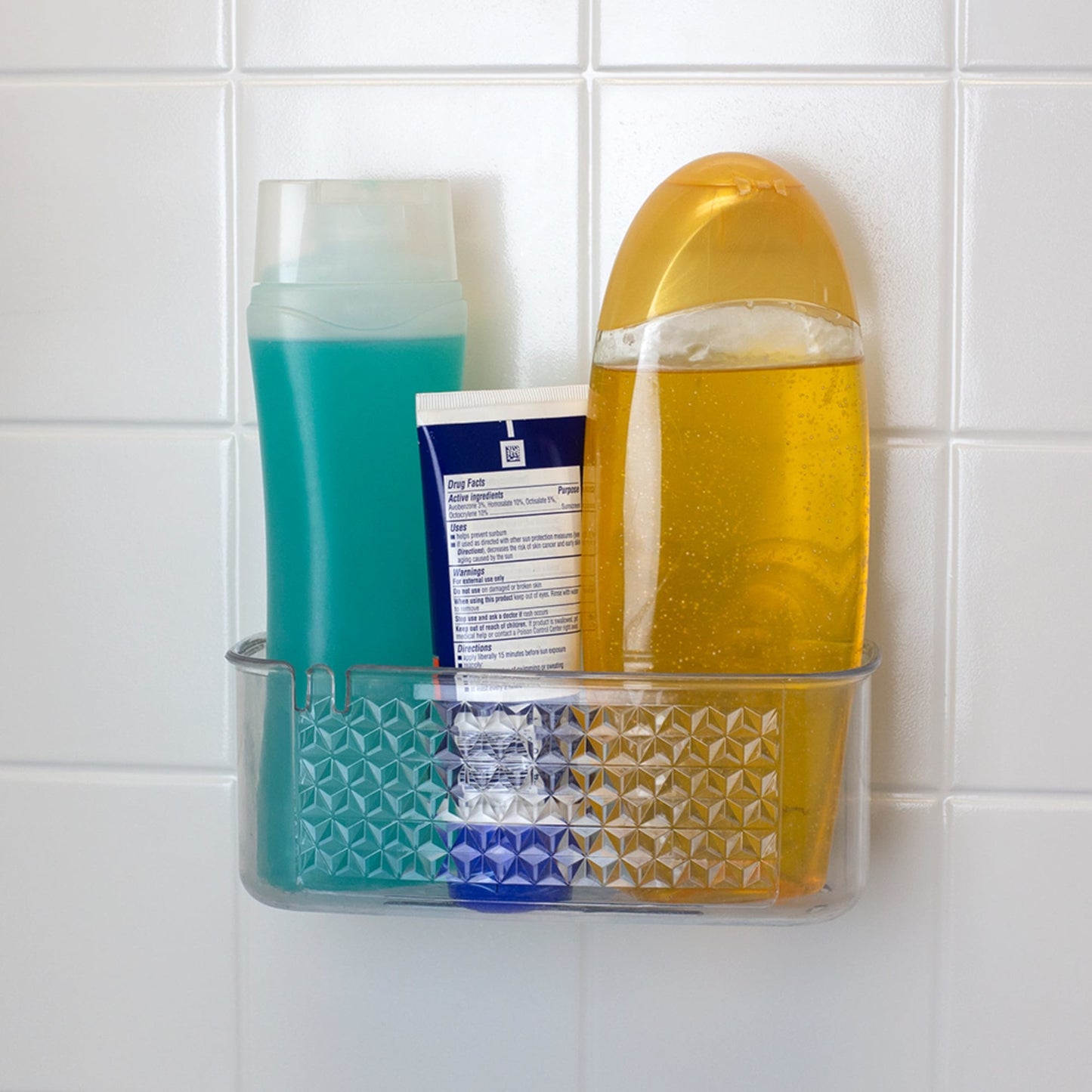 Medium Cubic Patterned Plastic Shower Caddy with Suction Cups, Clear