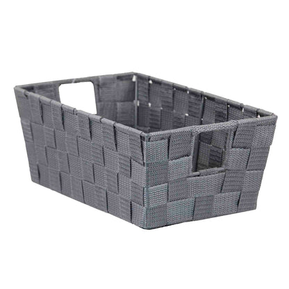 Small Double Woven Polyester Strap Open Bin with Sturdy Steel Frame and Cut-out Handles, Grey