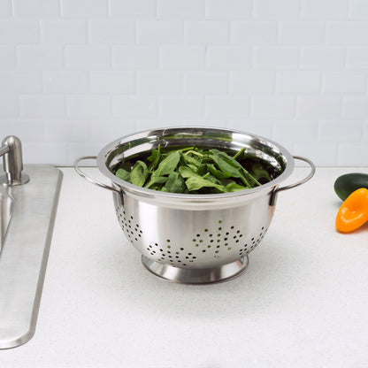 5 QT Deep Colander with High Stability Base and Open Handles, Silver