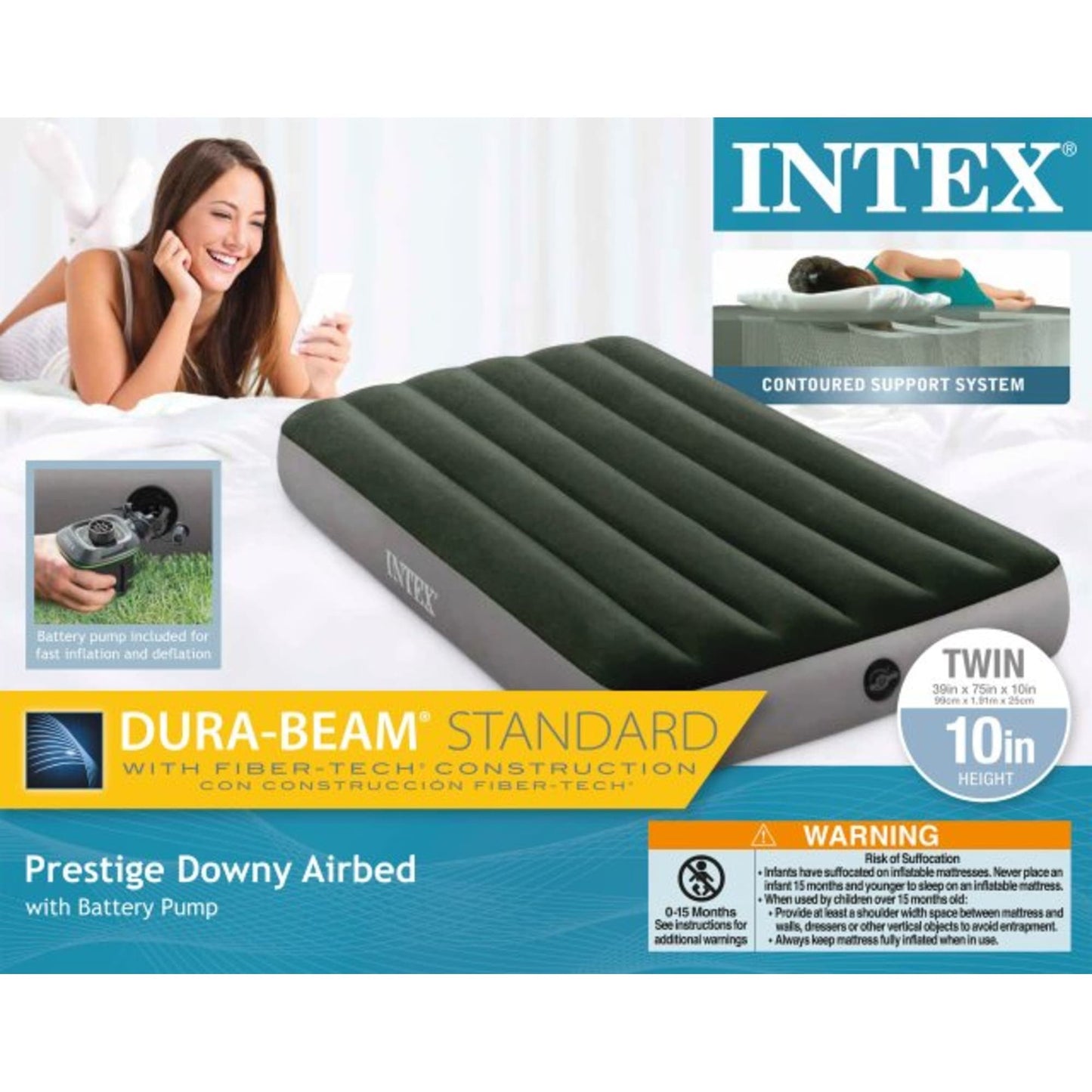 Intex Prestige Durabeam Downy Twin Air Bed with Battery Pump, Green