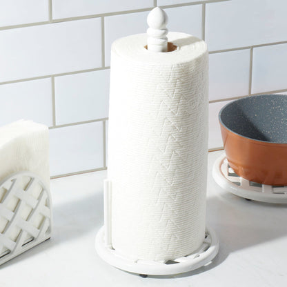 Weave Freestanding Cast Iron Paper Towel Holder with Dispensing Side Bar, White