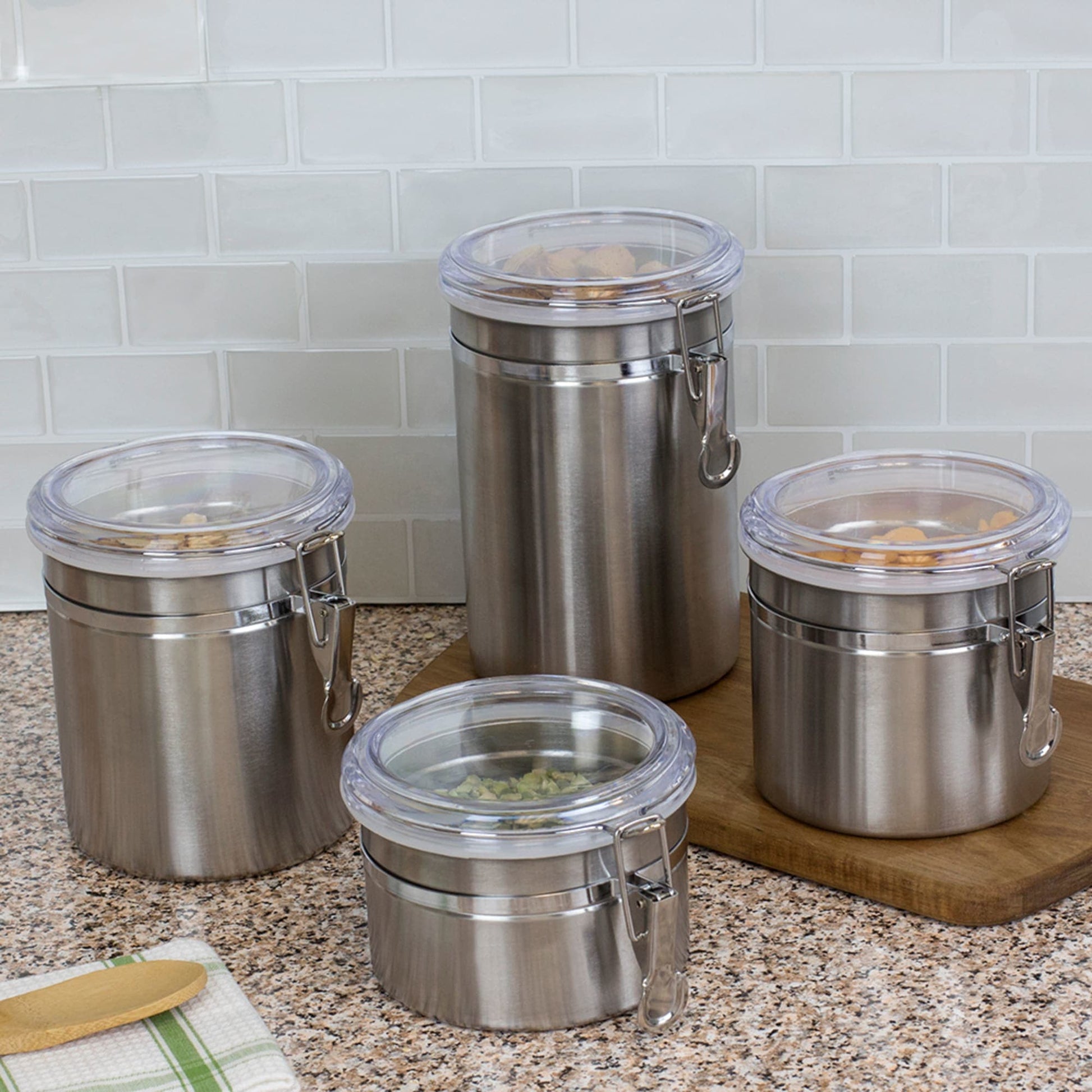 Home Basics 4-Piece Glass Canister Set with Stainless Steel Lids