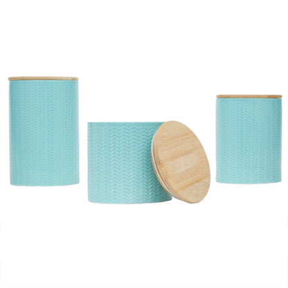 Wave 3 Piece Ceramic Canister Set With Bamboo Tops, Turquoise