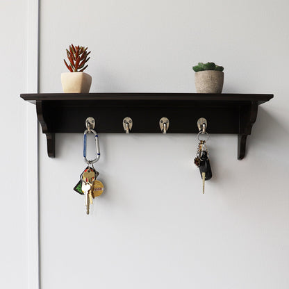 Wood Floating Shelf with Key Hooks, Brown