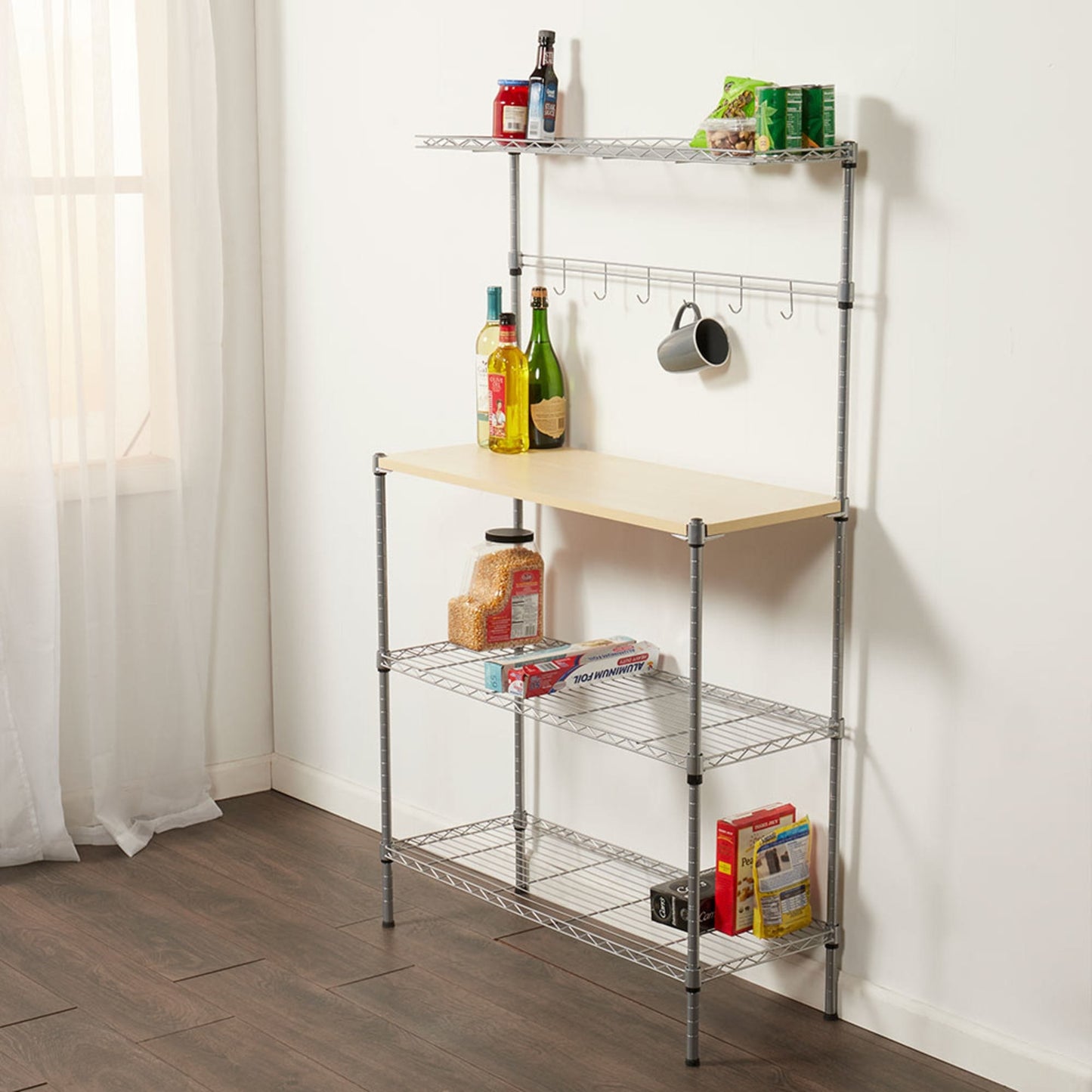4 Tier Microwave Stand with Wood Tabletop, Chrome