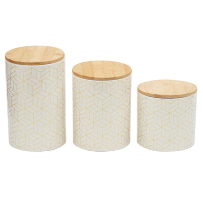 Cubix 3 Piece Ceramic Canister Set with Bamboo Top, White